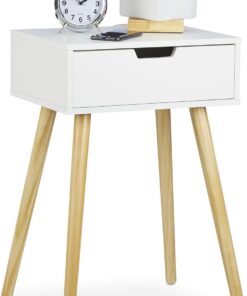 Relaxdays Mesita de Noche Blanca, Mesa Moderna de Estilo Nórdico, 1 Cajón, DM-Madera, 60x40x30cm, Blanco-Marrón