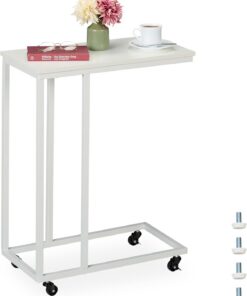 Relaxdays Mesa Auxiliar Forma C, 79 x 60 x 30 cm, Mesita con Ruedas, Mesilla para bajo el Sofá, Metal y MDF, Blanco