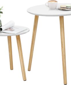 SONGMICS Mesa de Centro Redonda, Mesa Minimalista Moderna, Juego de 2 Mesas de Café con Patas de Madera de Pino, Estilo Escandinavo, para Salón, Balcón, Blanco y Natural LET07WN