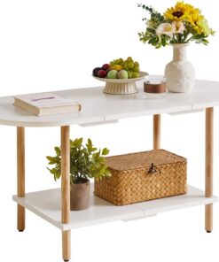 Aibiju Mesa de Centro Ovalada Blanca, Pequeña Mesa de Centro de Madera para Espacios Pequeños, Diseño de Empalme 35 * 16 * 17 Pulgadas, Mesa Central de 2 Niveles para Sala de Estar Blanca YD-011W