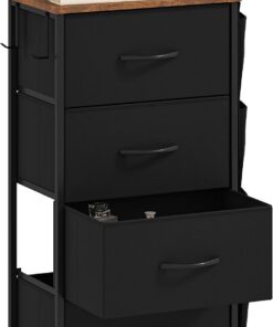 DWVO Cómoda Estrecha con 4 cajones, cajones de Tela con Bolsillo Lateral y Ganchos, asa fácil de Tirar, Marco de Acero Resistente para Dormitorio, Sala de Estar, Color Negro