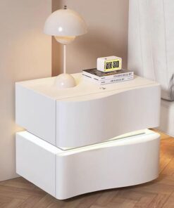 Mesita De Noche Flotante Estilo Ola con Luz, Moderna Sencilla Diseño De Perfil Curvo Mesita De Noche Color Crema con Dos Cajones,para Dormitorio Salón(A,50 * 40 * 42cm/15.7 * 19.7 * 16.5in)