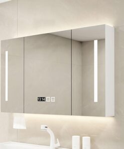 Armario Inteligente Con Espejo de Baño, Luz LED Desempañado, Visualización de Hora, Estantes y Almacenaje de Maquillaje - Toque Inteligente