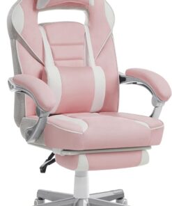 SONGMICS Silla de Oficina, Silla Gaming Ergonómica, con Reposapiés Telescópico, Respaldo Ajustable, Reposacabezas y Soporte Lumbar, Carga de 150 kg, Rosa Jalea y Blanco Crema OBG073P01