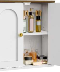 CHOEZON Armario de Baño de 40x18x40 cm, Armario de Baño sobre Pared con Estantes Ajustables, Mueble Colgante Estilo Rústico, para Baño, Cocina, Sala, Dormitorio, Blanco y Nogal
