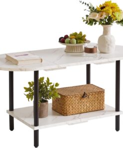 Aibiju Mesa Auxiliar, Pequeña Mesa de Salón, Mesa de Sofá con Patas de Madera y Almacenamiento de 2 Niveles para Sala de Estar, Oficina en Casa, Mármol Sintético Blanco + Negro, YD-011M