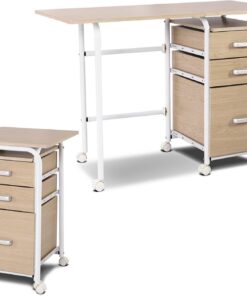 FANTASK Escritorio, Mesa de Oficina Plegable con Marco de Metal, Escritorio Plegable con 3 cajones y Ruedas, Mesa de Ordenador para Espacios pequeños, 105 x 50 x 75 cm (Natural)