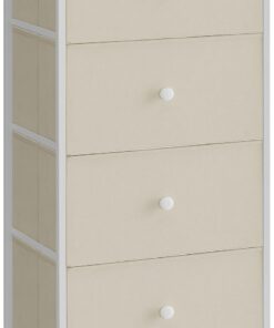 SONGMICS Cómoda para Dormitorio, Mueble de Almacenamiento, cómoda con 4 cajones de Tela, Marco de Metal, Alta y Delgada, para Armario, Amarillo Camello y Blanco Crema LTS314W01