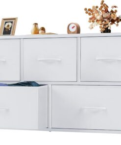 DUMOS Cómoda con cajones, cómoda y aparador para Dormitorio, Armario con 5 cajones, cómoda de Tela con Marco de Acero Estable, Ideal para Dormitorio, salón (Blanco)