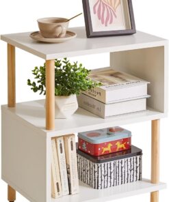 Aibiju Mesa Auxiliar Blanca, Mesa Auxiliar Pequeña, Mesita de Noche Moderna para Dormitorio/Sala de Estar/Pasillo/Oficina, Blanco+Patas de Madera Natural, YD-TM152W