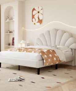BTM Cama doble tapizada de 135 x 190 cm, marco de cama doble con cabecero ajustable similar a pétalos y listones de madera maciza, terciopelo, beige