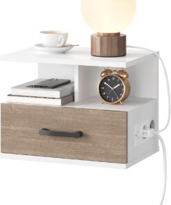 HOOBRO Mesilla de Noche Suspendida, Mesilla sobre Pared con Base de Carga y Cajón, Moderna Mesita Auxiliar, 1 Enchufe Estándar y 2 Puertos USB, 2 Modos de Montaje, Blanco y Gris EWG127CBZ01