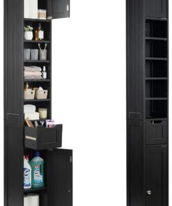 VOUNOT® Armario para Baño Alto Mueble Columna de Baño, Estanterías con 2 Puertas y 1 Cajón, Estantes Ajustables Espacio Abierto, Mueble Auxiliar de Almacenaje para Salón Dormitorio, 20x20x180cm, Negro