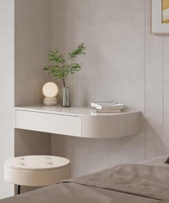 Tocador Flotante Semicircular, Mesa de Maquillaje de Pared con Cajón, Escritorio Colgante de Madera Maciza, Mueble Moderno Ahorra Espacio para Dormitorio y Baño(White-L)