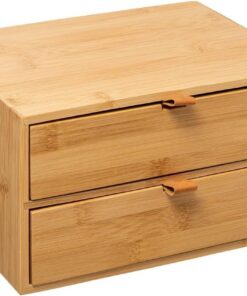 Five - Caja de Almacenamiento de 2 cajones de bambú con lengüeta de Piel sintética