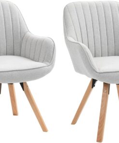MEUBLE COSY Juego de 2 Sillas de Comedor Giratorias 360° Sillones de Maquillaje Escritorio Patas de Madera Tapizado en Tela con Respaldo y Brazos para salón Cocina Oficina, Beige