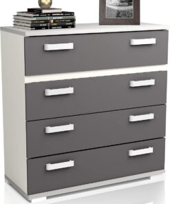 duehome | Comoda 4 Cajones, Cómoda Almacenaje Dormitorio, Modelo Ataneq, Acabado en Blanco y Grafito, Medidas: 89 cm (Largo) x 89,6 cm (Alto) x 39,6 cm de (Fondo)