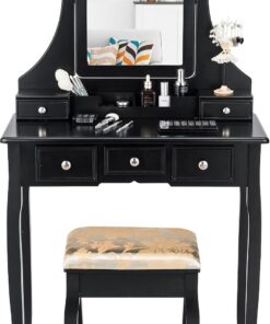 COSTWAY Juego de Escritorio de tocador con Espejo, tocador y Taburete Acolchado con 5 cajones de Almacenamiento, tocador de Maquillaje para Dormitorio, Mujeres y niñas (Negro)