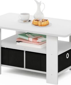 Furinno Andrey Mesa de Centro con Cajón para Papelera, Blanco/Negro