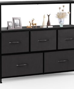 Sweetcrispy Cómoda de TV para Dormitorio con 5 cajones de Tela, aparador para TV de 115 cm, con Patas Ajustables, Armario de cajones para Dormitorio, Color Negro Moderno
