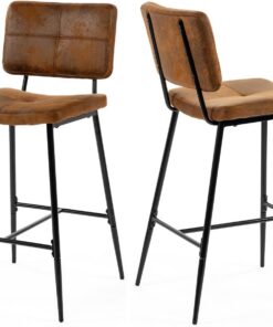 MEUBLE Cosy Taburetes de Bar Juego de 2, Sillas de Cocina en Gamuza con Respaldo y Reposapiés, Asiento Acolchado de 75 cm de Alto, Patas de Acero, Marrón