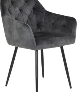 Hela - Silla de Comedor con reposabrazos Tina, tapizado en Terciopelo Antracita, Acolchado y Patas de Metal,