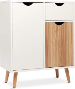 Mondeer Aparador Cocina, Aparadores para Salon, Armario de Almacenamiento, Estilo Nordico, con 2 Puertas 1 Cajón, Adecuado para Salón Pasillo Cocina Comedor Blanco y Roble, 60x 30 x 73cm