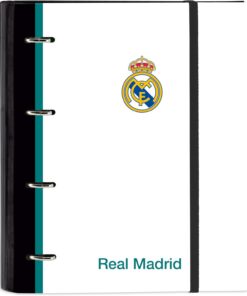 Safta REAL MADRID EQUIPACIÓN 26/27 - Carpeta 4 Anillas de 35 cm con 100 Hojas A4, Ideal para Niños de Diferentes Edades, Cómoda y Versátil, Calidad y Resistencia, 27x3.5x32 cm