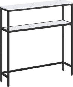 VASAGLE Mesa de Consola de 2 Niveles, Mesa Auxiliar con 2 Estantes, 20 x 80 x 80 cm, para Sala de Estar, Pasillo, Recibidor, Blanco Mármol y Negro Tinta LNT130W59