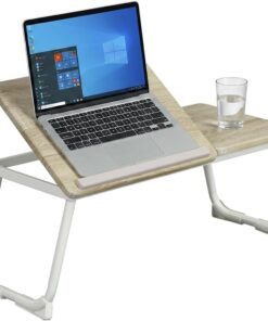 MEUBLE Cosy Mesa de Ordenador Portátil Bandeja de Cama con Patas Plegable Mesita Auxiliar para Sofa, Soporte para Computadora, Roble y Blanco