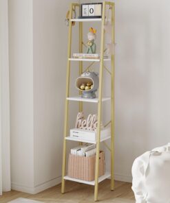 Hzuaneri Estante de escalera de 5 niveles, estantería estrecha, estantes de almacenamiento esquineros, estantería independiente con 2 ganchos para oficina en casa, sala de estar, cocina, dormitorio,