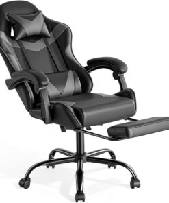 Sweetcrispy Silla de Gaming, Silla de Juegos con reposapiés, Soporte Lumbar, Silla ergonómica de PC, Silla de Oficina Ajustable en Altura, Silla de Ordenador, Silla de Escritorio giratoria, Gris
