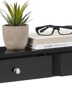 SONGMICS Estante de Pared, Estante Flotante con 2 Cajones, Carga de 15 kg, 15 x 65 x 10 cm, para Pasillo, Salón, Oficina, Montaje Fácil, Ahorro de Espacio, Estilo Moderno, Negro LWS065B01