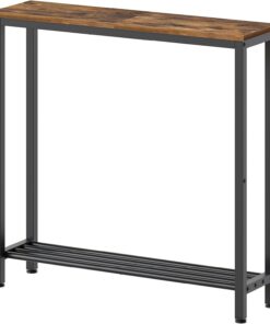 YATINEY Mesa Estrecha, Mesa Auxiliar de Sofá Pequeña con 2 Niveles, Consola de Entrada Estrecha, Mesita para Sofá en Aglomerado y Metal, Ahorro de Espacio, para Salón, Entrada, Marrón Vintage XCT03BR