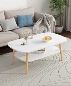 Mesa de centro de doble capa, color blanco, mesa auxiliar de madera, mesa de salón ovalada, patas de madera de pino, mesas de sofá (100 x 50 x 45)