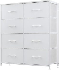 DUMOS Cómoda para Dormitorio con 8 cajones de Tela, Organizador Alto para Ropa, Armario de habitación Infantil, Torre de Almacenamiento con Armario, Marco de Metal, Tablero de Madera, Muebles Ligeros
