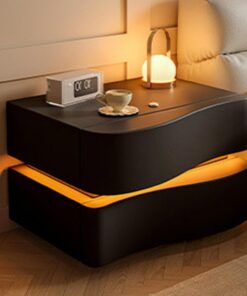 Mesita De Noche Flotante Estilo Ola con Luz, Moderna Sencilla Diseño De Perfil Curvo Mesita De Noche Color Crema con Dos Cajones,para Dormitorio Salón(B,50 * 40 * 42cm/15.7 * 19.7 * 16.5in)