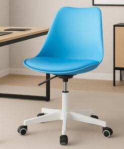 BAKAJI Silla de Oficina ergonómica de diseño Moderno con Altura Ajustable y cojín Acolchado de Alta Densidad, Asiento Giratorio con Ruedas giratorias, Ideal para casa, Estudio (Azul)