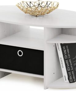 Furinno Jaya Sencilla Mesa de Centro Ovalada con Papelera, Engineered Wood, Roble Blanco/Acero Inoxidable/Negro, 50 (D) x 89.9 (W) x 41.7 (H) cm