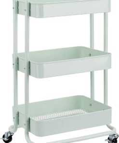 Amazon Basics Carrito de cocina o multiuso de tres niveles con ruedas en verde menta