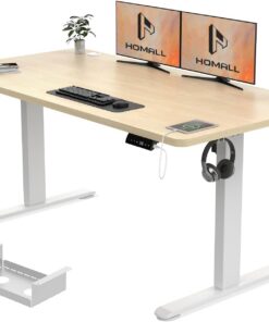 Homall Escritorio eléctrico de pie ajustable en altura de 140 x 70 cm con carga USB, escritorio de pie con recordatorio de tiempo, mesa de pie, 3 ajustes de memoria, escritorios eléctricos, bandeja de