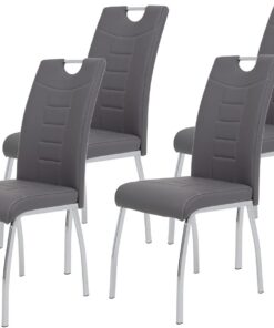 Hela Tische, Andrea Set de 4 Sillas de Comedor con Revestimiento de Piel Sintética Gris, Estructura con Tubo Redondo Cromado, 100 x 43 x 64 cm