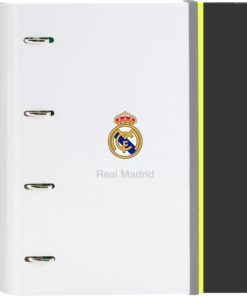 REAL MADRID EQUIPACIÓN 25/26 - Carpeta 4 Anillas de 35 cm con 100 Hojas A4, Ideal para Niños de Diferentes Edades, Cómoda y Versátil, Calidad y Resistencia, 27x3.5x32 cm