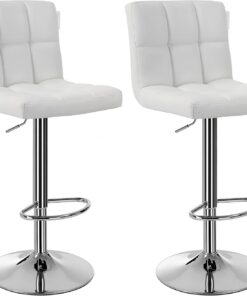 SONGMICS 2 x Taburetes de Bar con Respaldo regulable en altura y giratorio cromado de cuero sintético Blanco LJB64W