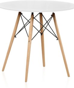 duehome | Mesa Redonda de Comedor Fija, Mesa Salon o Cocina, Modelo Tower, Acabado en Blanco y Madera, Medidas: 80 cm (Largo) x 80 cm (Ancho) x 75 cm (Alto)