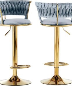 BAKAJI Juego de 2 taburetes de Cocina con Revestimiento de Terciopelo y Respaldo Trenzado y Altura Ajustable, sillas de Bar, Restaurante, Estructura giratoria de Oro con reposapiés, diseño Moderno