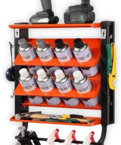 Wallmaster Soporte para latas de aerosol, estante de almacenamiento de pared para latas de lubricante, organizador de botellas de pintura resistente para garaje y hogar, 8 agujeros para latas y 2