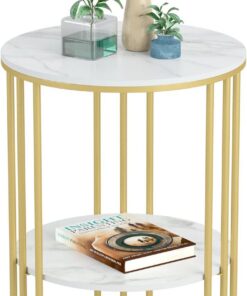FATIVO Mesa Auxiliar de mármol Dorada: Mesa Auxiliare Redonda Pequeña Mesita de Noche de Piedra Sinterizada Moderna de 2 Niveles 40 x 54 cm (Dorado)