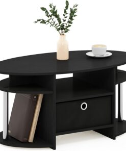 Furinno Jaya Sencilla Mesa de Centro Ovalada con Papelera, Engineered Wood, Americano/Acero Inoxidable/Negro, 50 (D) x 89.9 (W) x 41.7 (H) cm