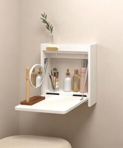 Tocador de Maquillaje Flotante con Espejo, Mesa de Maquillaje de Pared en Madera Maciza 18MM, Escritorio Colgante Ahorro de Espacio, Carga 50kg(White,S)